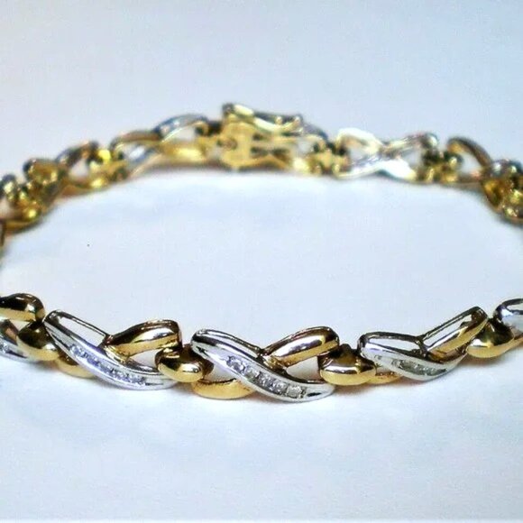 Designer 10K Yellow White Gold Genuine Diamond Huggs Kisses Tennis Bracelet P